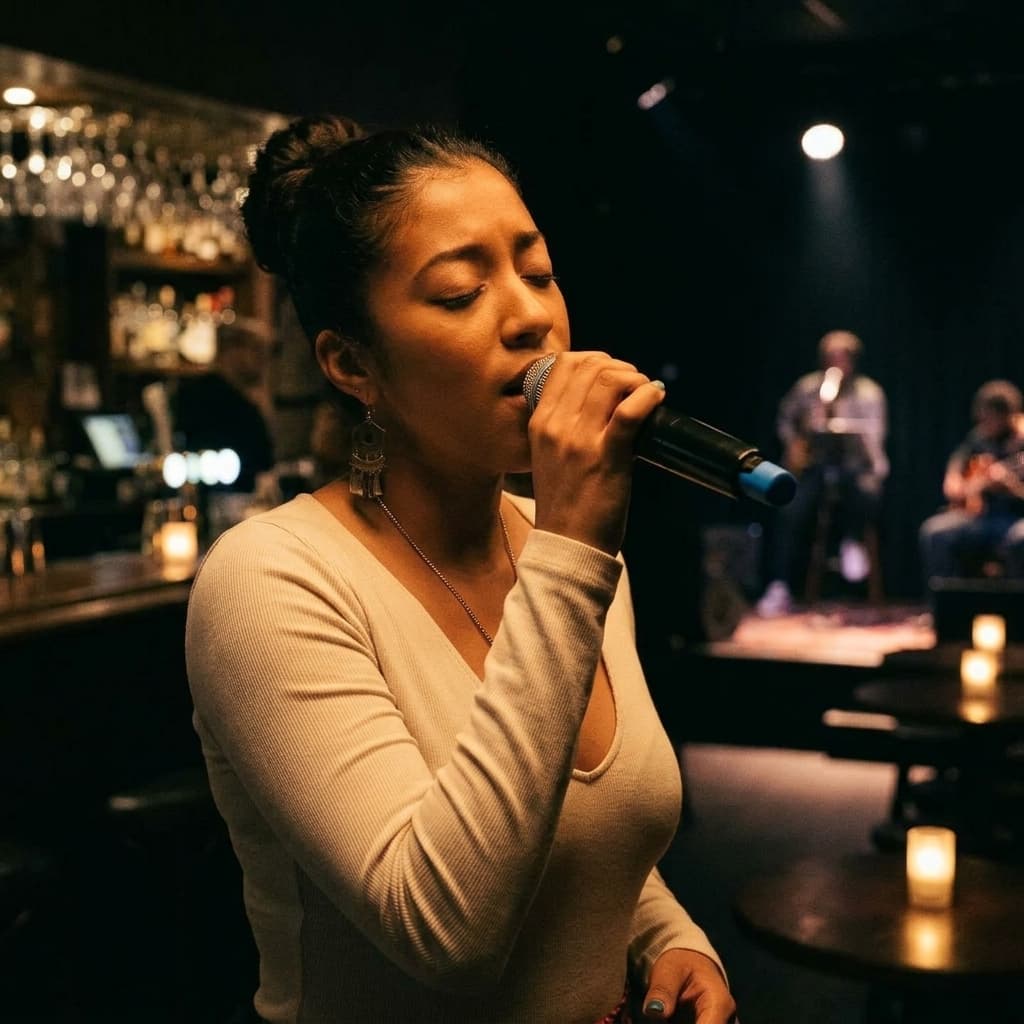 Ixchel Dion singing at an intimate candlelit venue