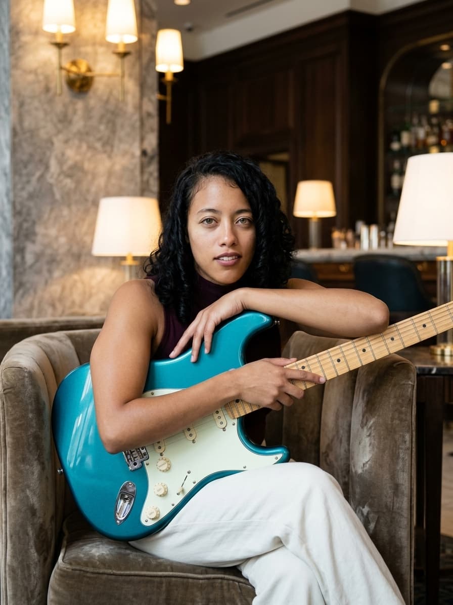 Portrait of Ixchel Dion seated with a guitar in a refined lounge